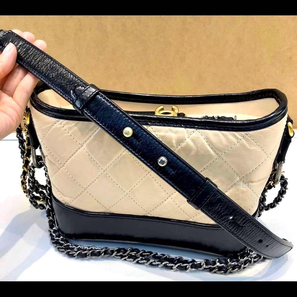 SOLD Authentic Chanel Quilted Gabrielle Bag Beige / Black Small